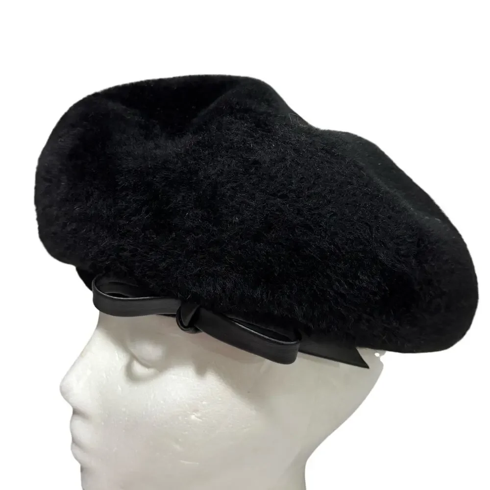 Vintage Mid Century Marche Exclusive beret cap hat black fuzzy warm size 23